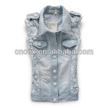 14LJ1077 Broken hole lace women sleeveless denim jackets